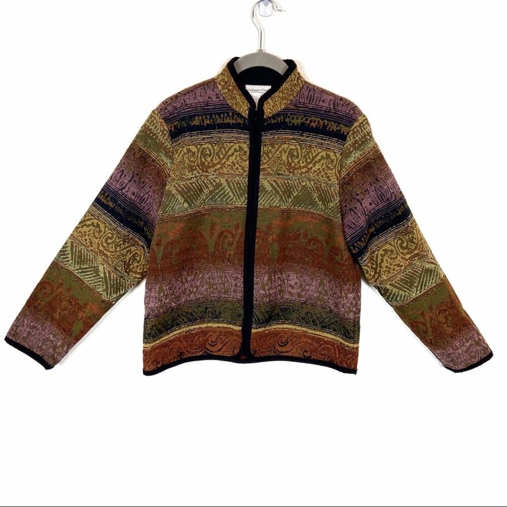 Coldwater Creek Tapestry Jacket Women's Olive Rust Zip Front Size PS Vintage